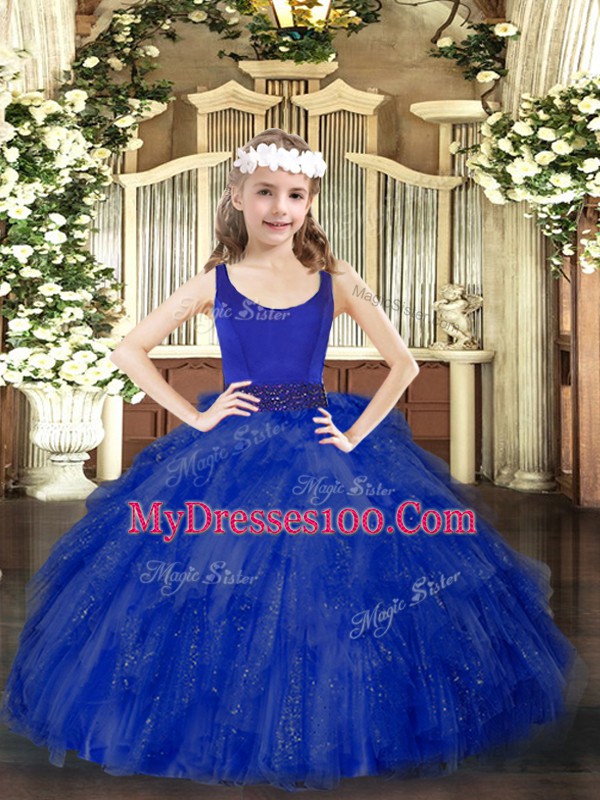 Tulle Sleeveless Floor Length Pageant Gowns and Beading and Ruffles
