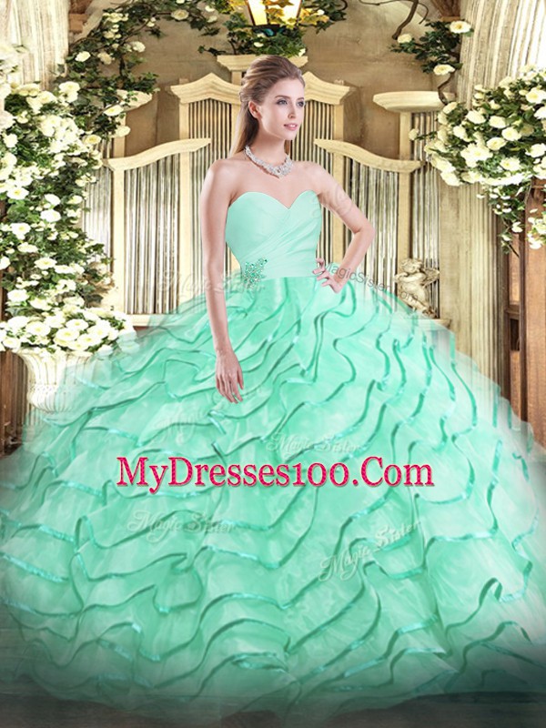 Dazzling Sweetheart Sleeveless Quinceanera Dress Brush Train Beading and Ruffled Layers Apple Green Organza