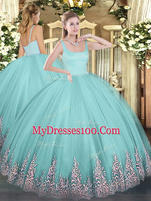 Wonderful Floor Length Ball Gowns Sleeveless Aqua Blue 15th Birthday Dress Zipper