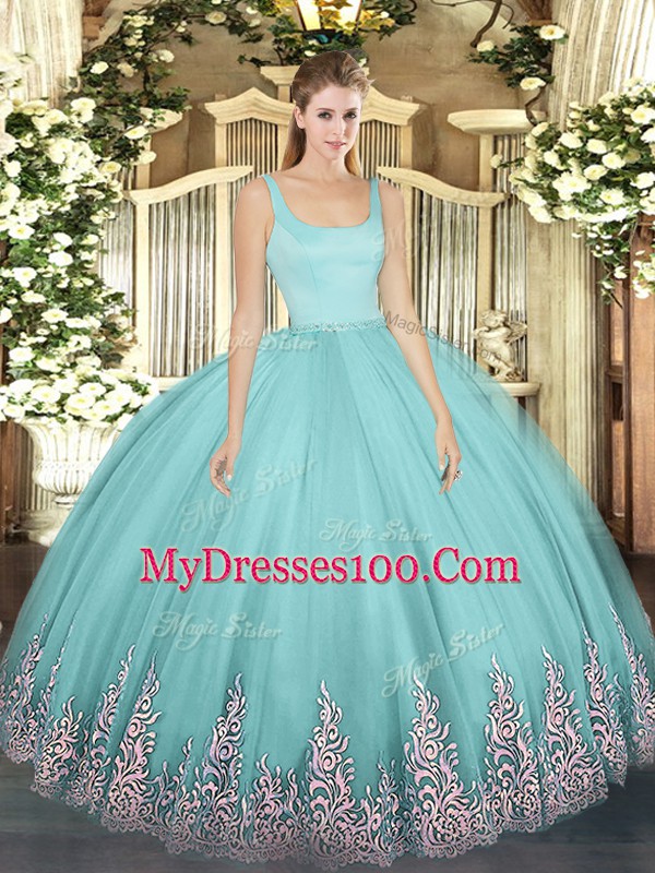 Wonderful Floor Length Ball Gowns Sleeveless Aqua Blue 15th Birthday Dress Zipper