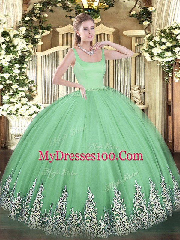 Luxury Sleeveless Floor Length Appliques Zipper 15th Birthday Dress with Apple Green