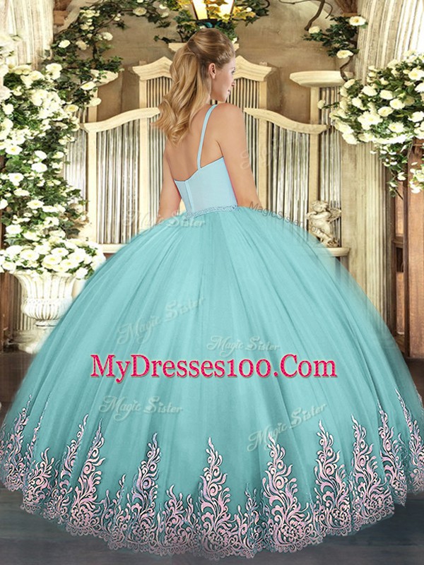 Luxury Sleeveless Floor Length Appliques Zipper 15th Birthday Dress with Apple Green