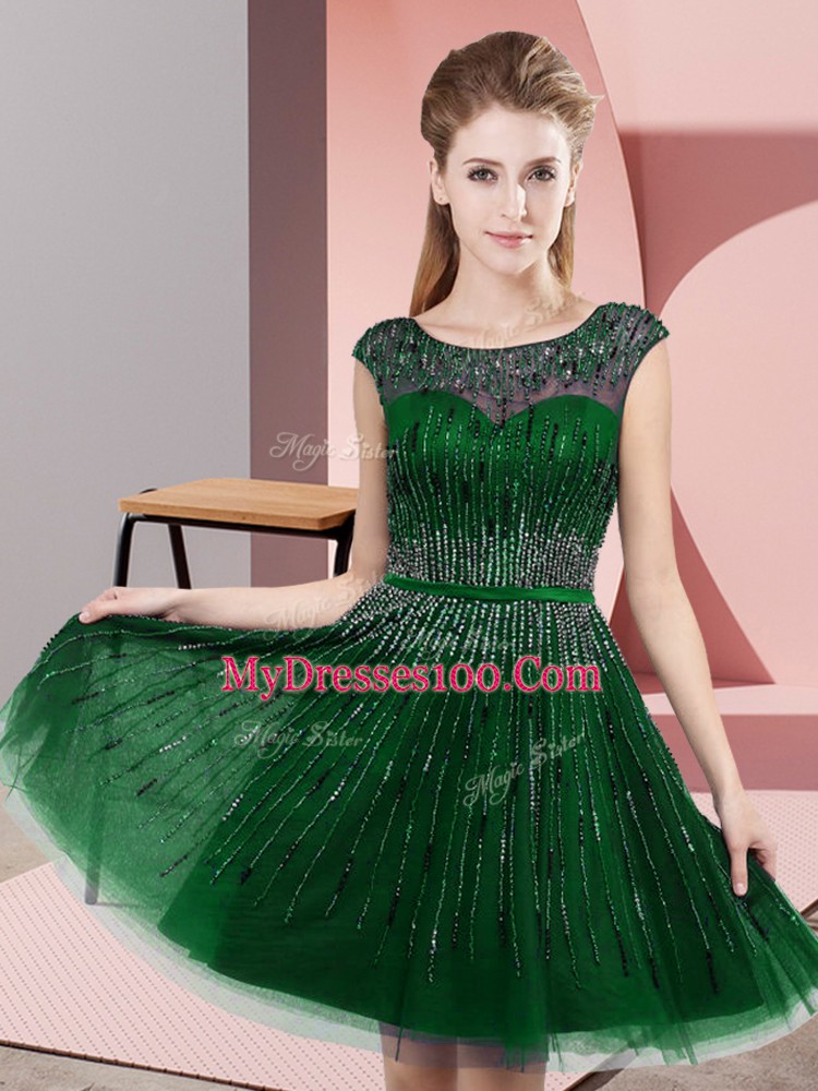 Glamorous Sleeveless Knee Length Beading Backless Party Dress for Girls with Green