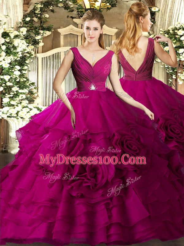 Fuchsia Sleeveless Organza Backless Sweet 16 Dress for Military Ball and Sweet 16 and Quinceanera