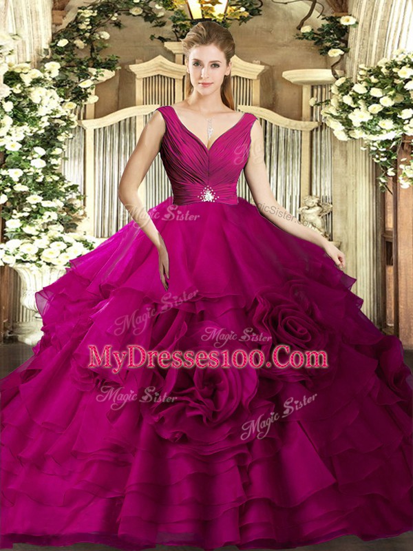 Fuchsia Sleeveless Organza Backless Sweet 16 Dress for Military Ball and Sweet 16 and Quinceanera