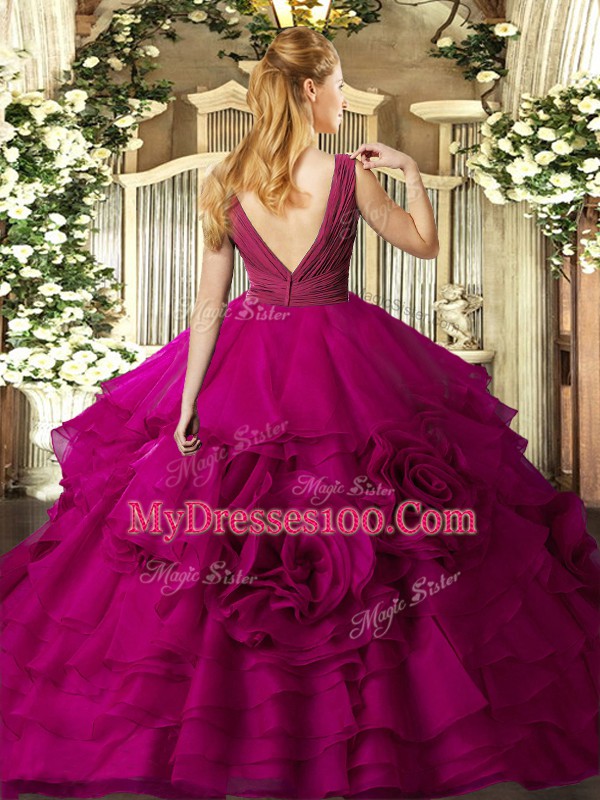 Fuchsia Sleeveless Organza Backless Sweet 16 Dress for Military Ball and Sweet 16 and Quinceanera