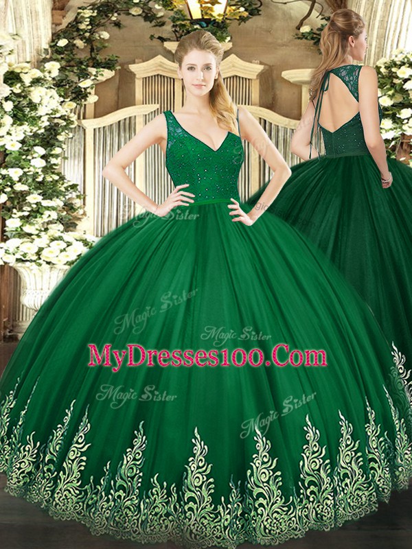 V-neck Sleeveless Backless 15 Quinceanera Dress Dark Green Tulle