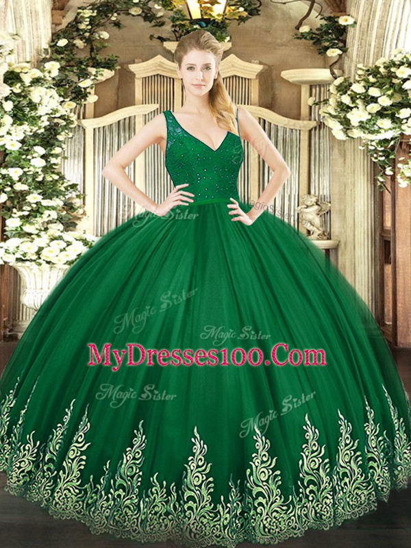 V-neck Sleeveless Backless 15 Quinceanera Dress Dark Green Tulle