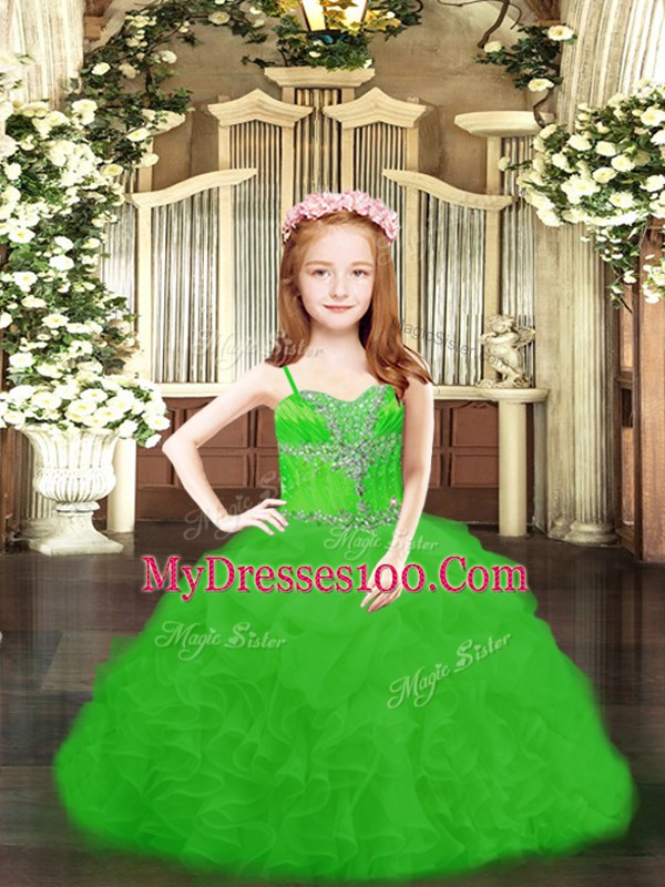 Floor Length Ball Gowns Sleeveless Green Little Girl Pageant Gowns Lace Up