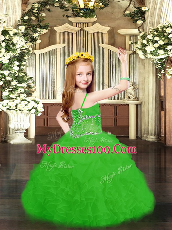 Floor Length Ball Gowns Sleeveless Green Little Girl Pageant Gowns Lace Up