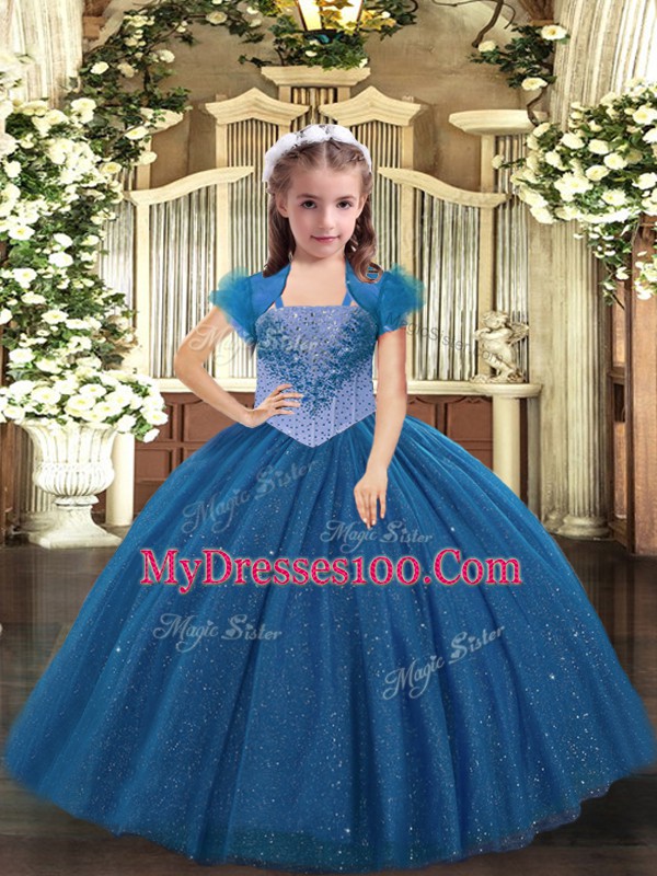 Blue Tulle Lace Up Pageant Gowns For Girls Sleeveless Floor Length Beading