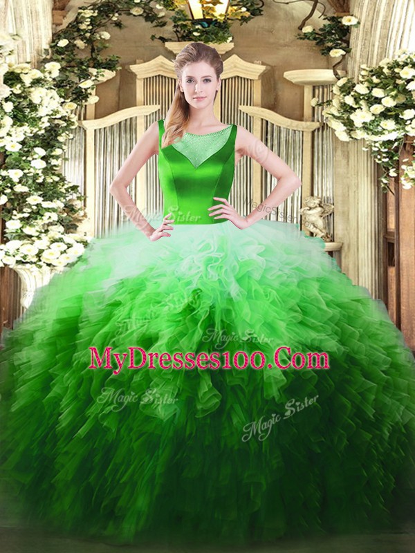 Tulle Sleeveless Floor Length Quince Ball Gowns and Beading and Ruffles