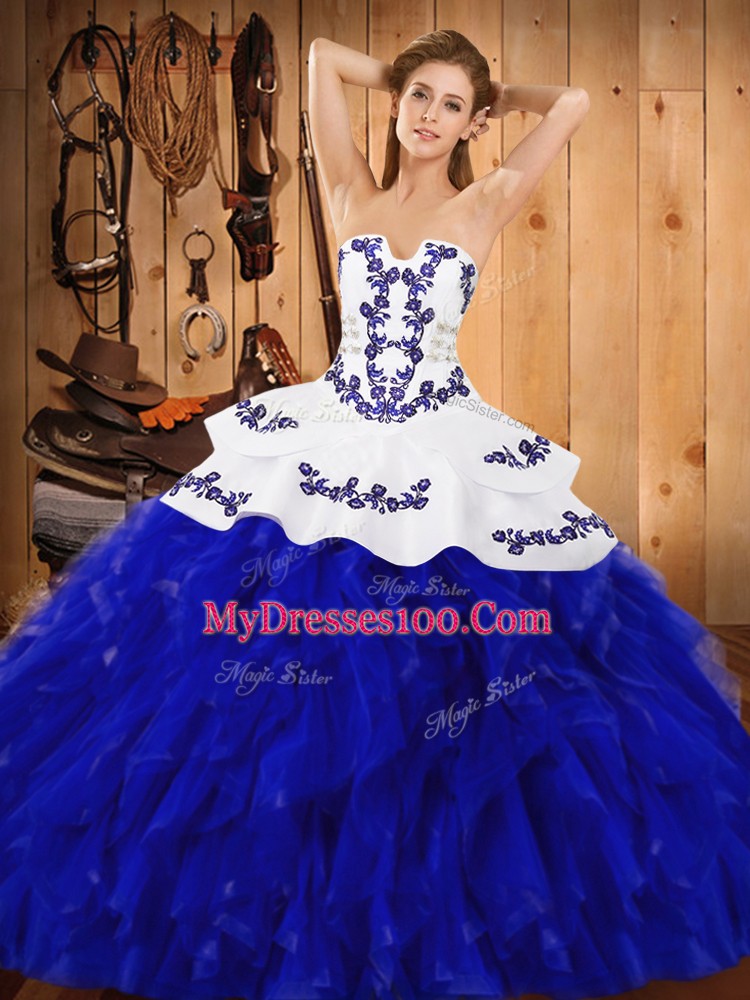 Deluxe Blue And White Ball Gowns Embroidery and Ruffles Quinceanera Gowns Lace Up Satin and Organza Sleeveless Floor Length