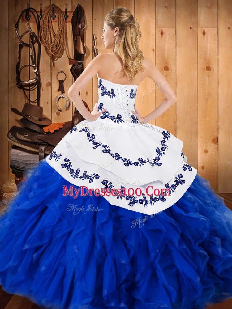 Deluxe Blue And White Ball Gowns Embroidery and Ruffles Quinceanera Gowns Lace Up Satin and Organza Sleeveless Floor Length