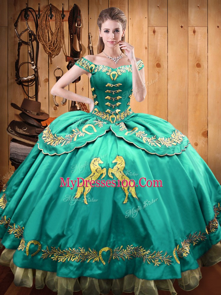 Exquisite Floor Length Turquoise Sweet 16 Dress Off The Shoulder Sleeveless Lace Up