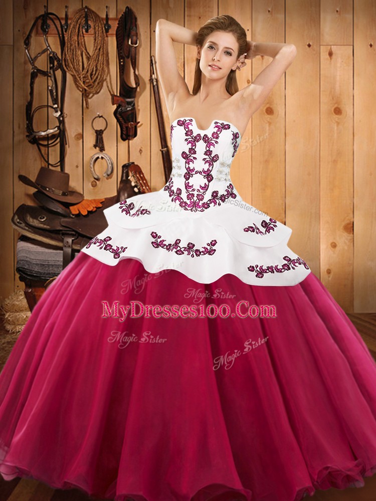 Edgy Hot Pink Quince Ball Gowns Military Ball and Sweet 16 and Quinceanera with Embroidery Strapless Sleeveless Lace Up