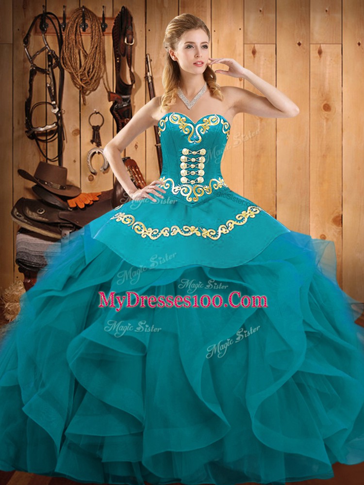Eye-catching Teal and Turquoise Sweetheart Lace Up Embroidery and Ruffles Quinceanera Dresses Sleeveless