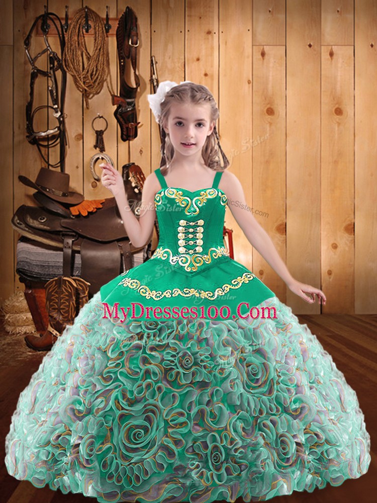 Great Sleeveless Embroidery and Ruffles Lace Up Kids Formal Wear