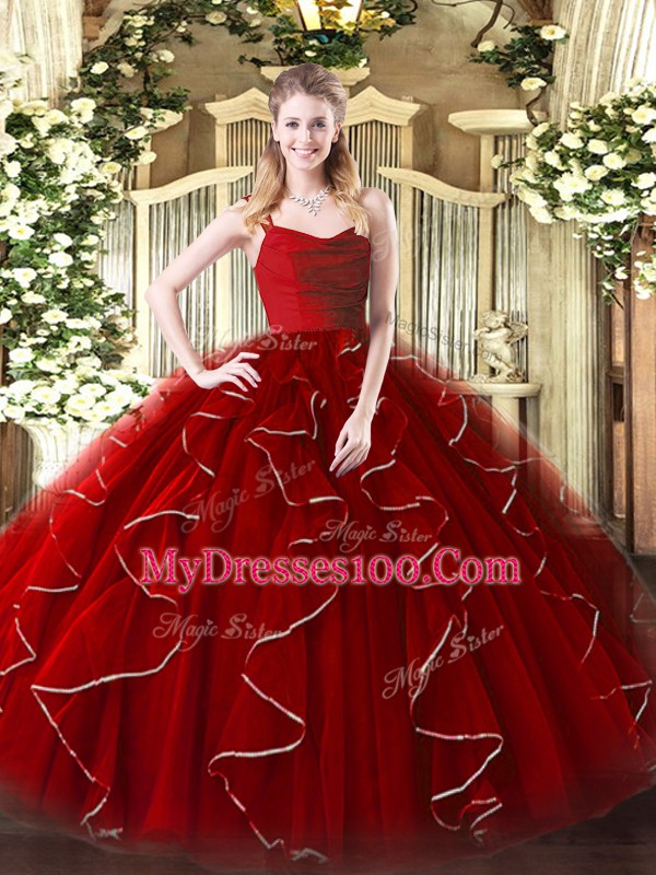 Straps Sleeveless Zipper Quinceanera Gown Wine Red Organza