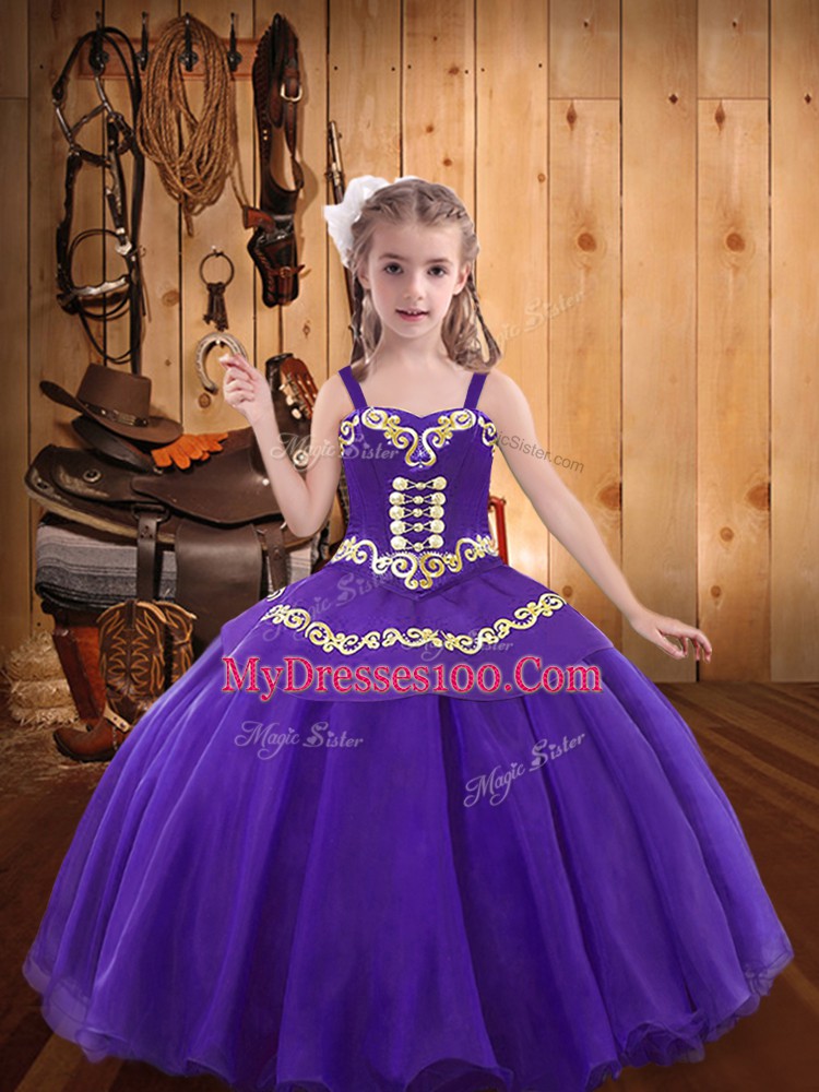 Eggplant Purple Lace Up Pageant Dress Toddler Embroidery Sleeveless Floor Length