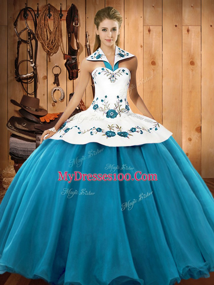 Teal Lace Up Sweet 16 Dress Embroidery Sleeveless Floor Length