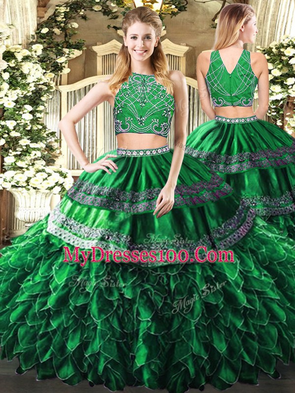 Dark Green Tulle Zipper High-neck Sleeveless Floor Length Quinceanera Dress Beading and Ruffles