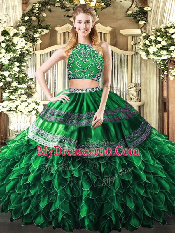 Dark Green Tulle Zipper High-neck Sleeveless Floor Length Quinceanera Dress Beading and Ruffles