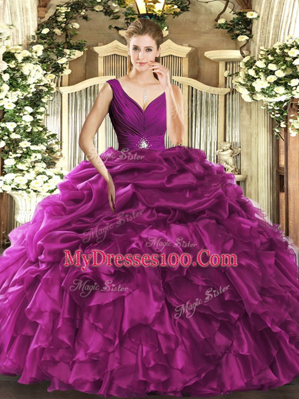 Glorious Beading and Ruffles Sweet 16 Quinceanera Dress Fuchsia Backless Sleeveless Floor Length