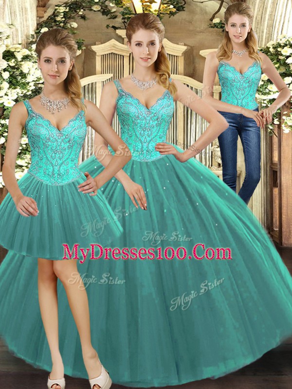Customized Tulle Sleeveless Floor Length Quinceanera Dress and Beading
