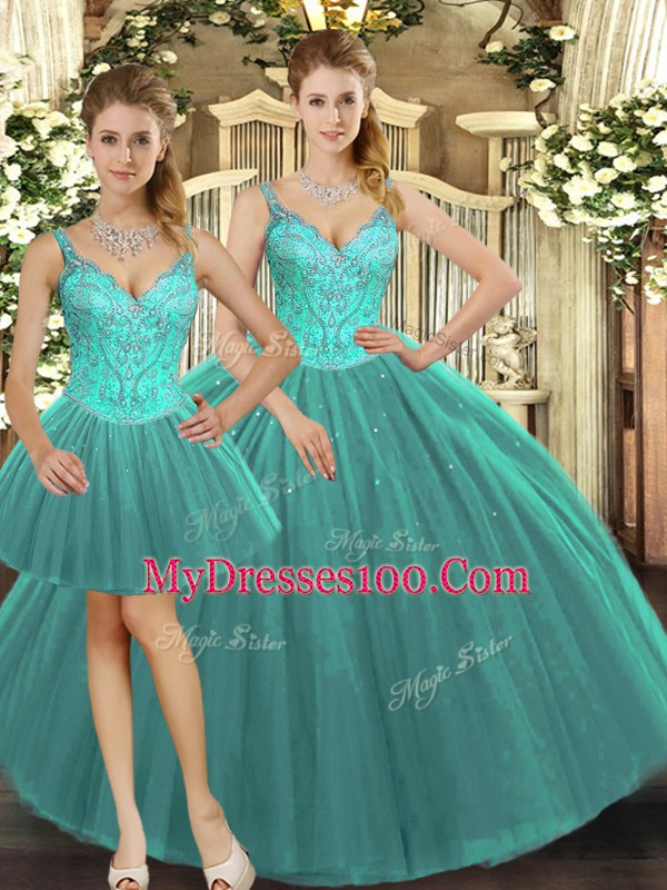Customized Tulle Sleeveless Floor Length Quinceanera Dress and Beading