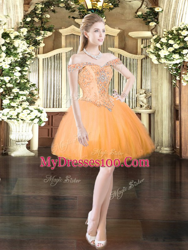 Tulle Off The Shoulder Sleeveless Lace Up Beading Prom Evening Gown in Orange Red