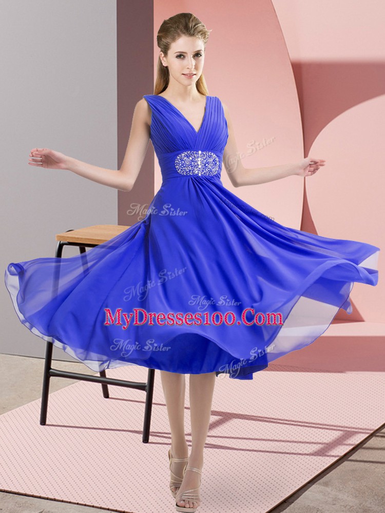 Sexy Blue Chiffon Side Zipper V-neck Sleeveless Knee Length Bridesmaid Gown Beading