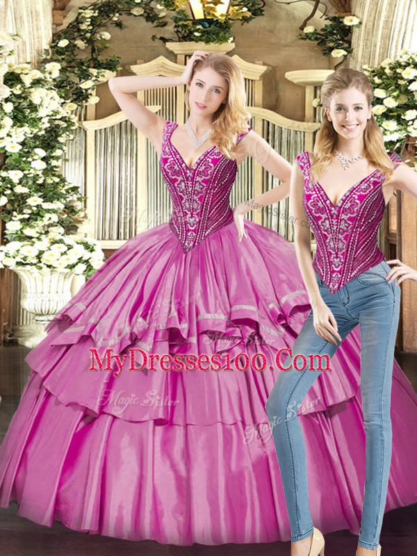Sleeveless Organza Floor Length Lace Up Quince Ball Gowns in Fuchsia with Beading and Ruffled Layers