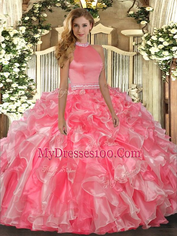 Dynamic Floor Length Backless Quinceanera Gowns Hot Pink for Military Ball and Sweet 16 and Quinceanera with Beading and Ruffles