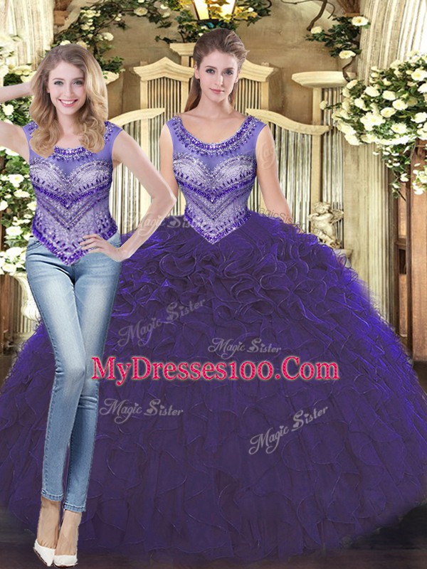 Floor Length Purple Quince Ball Gowns Scoop Sleeveless Lace Up