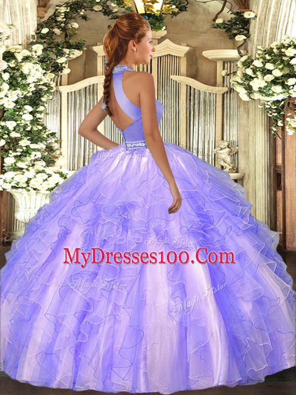 Delicate Lilac Backless Halter Top Beading and Ruffles 15th Birthday Dress Organza Sleeveless