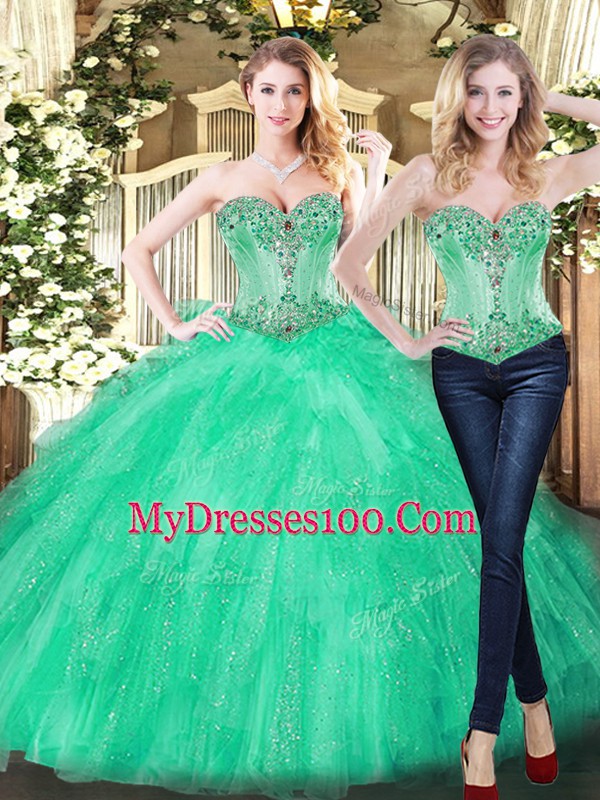 Green Sleeveless Organza Lace Up Quinceanera Gown for Military Ball and Sweet 16 and Quinceanera
