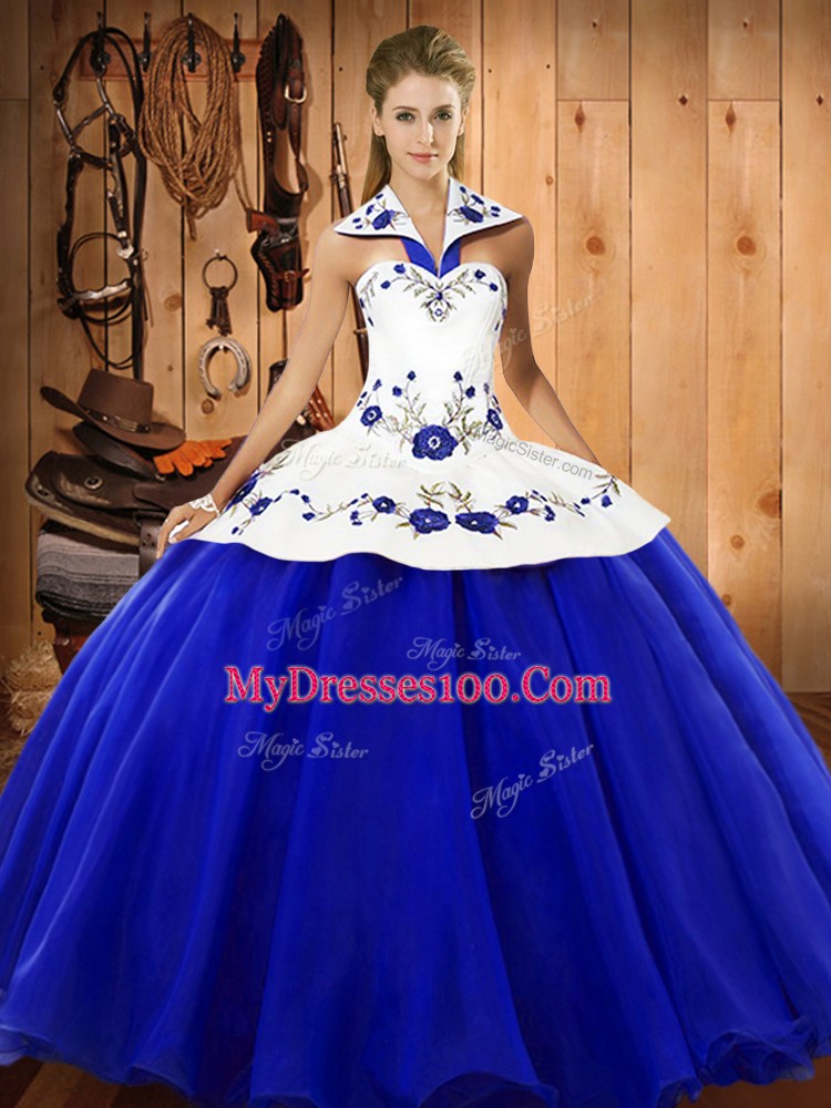 Excellent Blue And White Quinceanera Gown Military Ball and Sweet 16 and Quinceanera with Embroidery Halter Top Sleeveless Lace Up