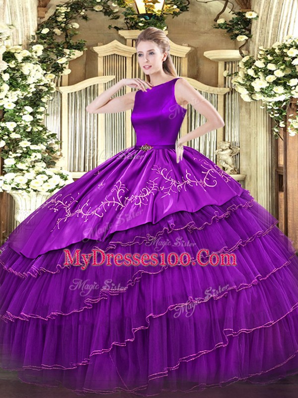 Floor Length Purple Quince Ball Gowns Scoop Sleeveless Clasp Handle