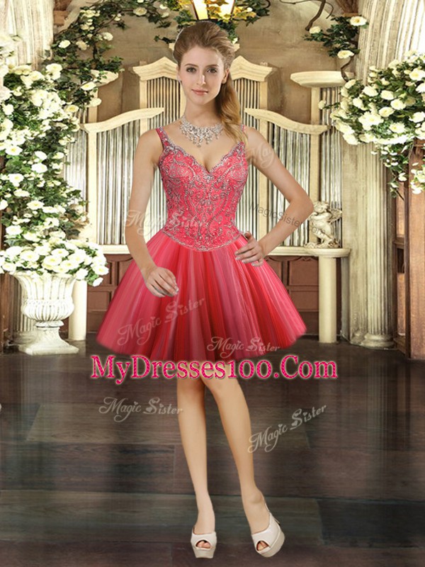 Beautiful Beading Homecoming Dress Online Coral Red Lace Up Sleeveless Mini Length