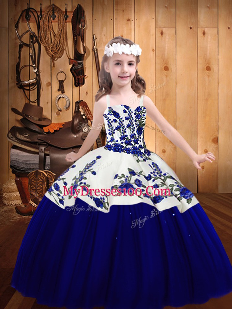 Sleeveless Tulle Floor Length Lace Up Glitz Pageant Dress in Royal Blue with Embroidery