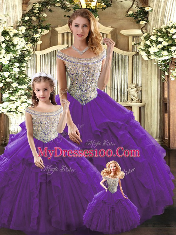 Purple Lace Up Sweet 16 Dress Beading and Ruffles Sleeveless Floor Length