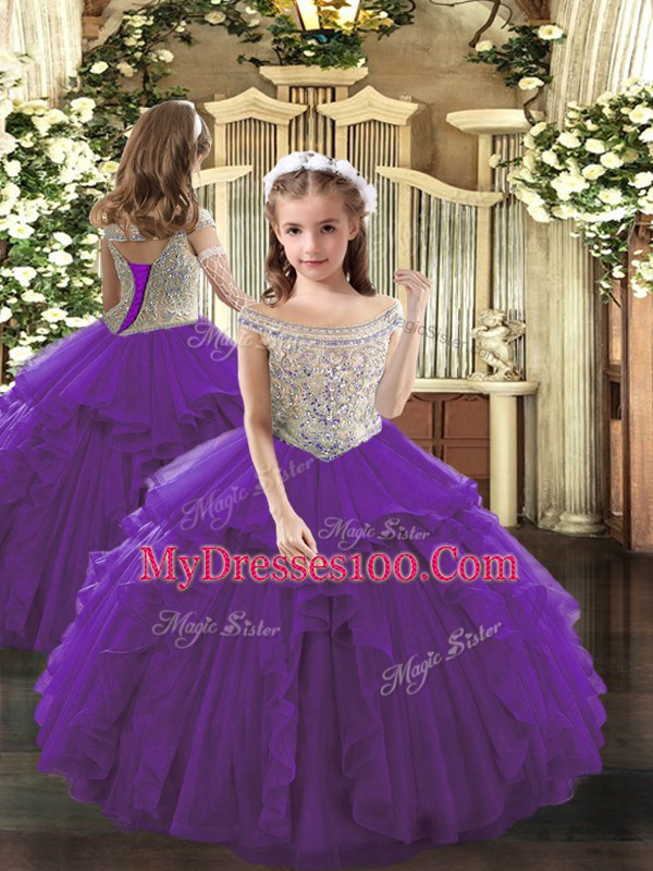 Purple Lace Up Sweet 16 Dress Beading and Ruffles Sleeveless Floor Length