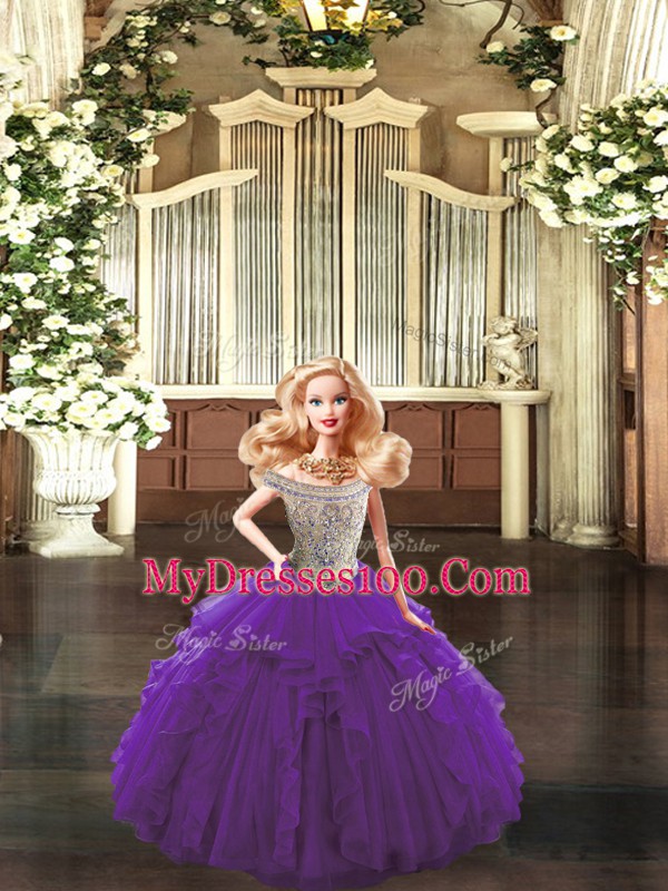 Purple Lace Up Sweet 16 Dress Beading and Ruffles Sleeveless Floor Length