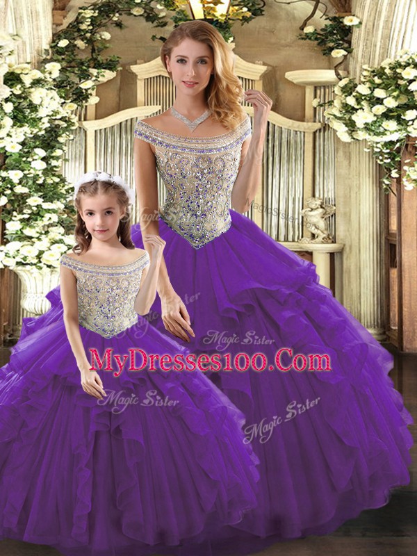 Purple Lace Up Sweet 16 Dress Beading and Ruffles Sleeveless Floor Length