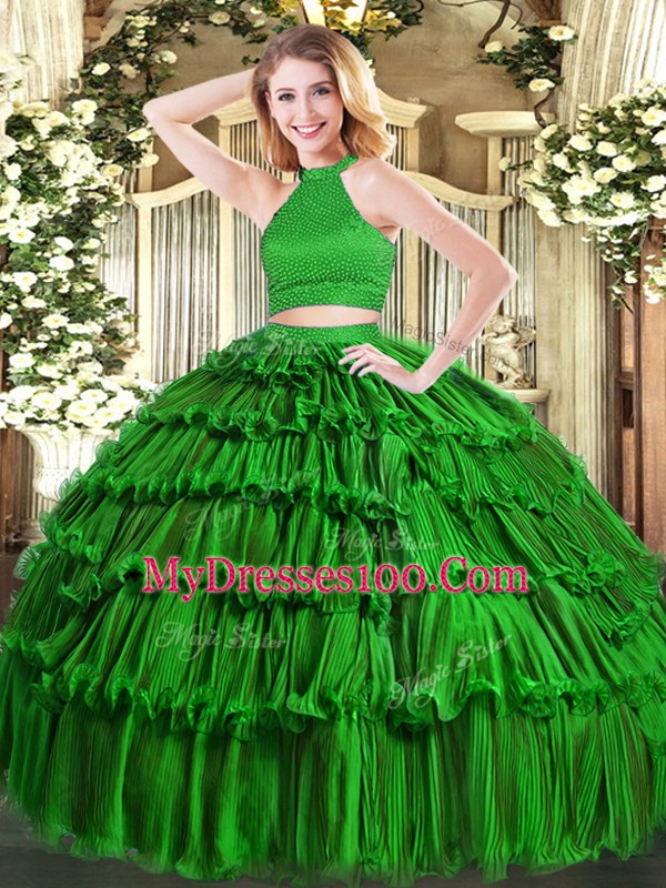 Best Floor Length Green Quinceanera Gown Halter Top Sleeveless Backless