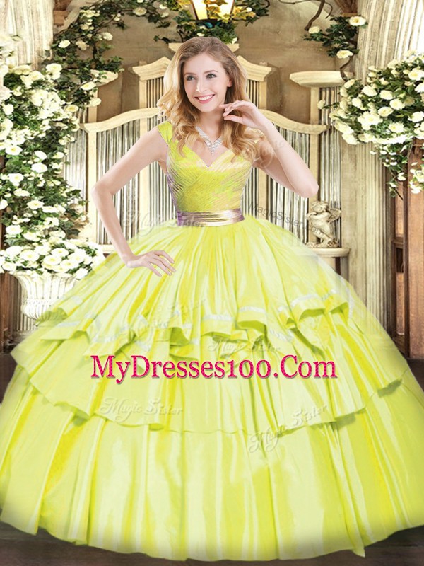 Customized Yellow Green Quinceanera Dress Military Ball and Sweet 16 and Quinceanera with Beading and Ruffled Layers V-neck Sleeveless Zipper