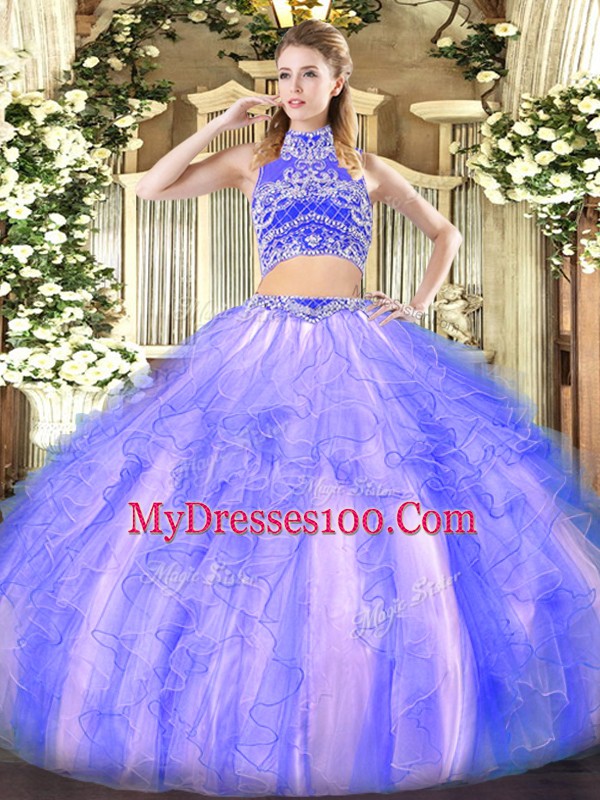 Customized High-neck Sleeveless Backless 15th Birthday Dress Lavender Tulle
