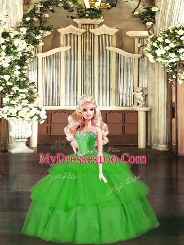 Green Lace Up Sweetheart Beading and Ruffled Layers Quinceanera Dress Organza Sleeveless