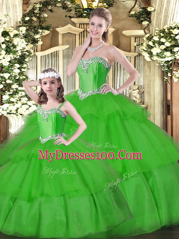 Green Lace Up Sweetheart Beading and Ruffled Layers Quinceanera Dress Organza Sleeveless